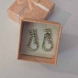 Old Hollywood Clear Rhinestone Cocktail Dangle Hoop Earrings Silver Vintage